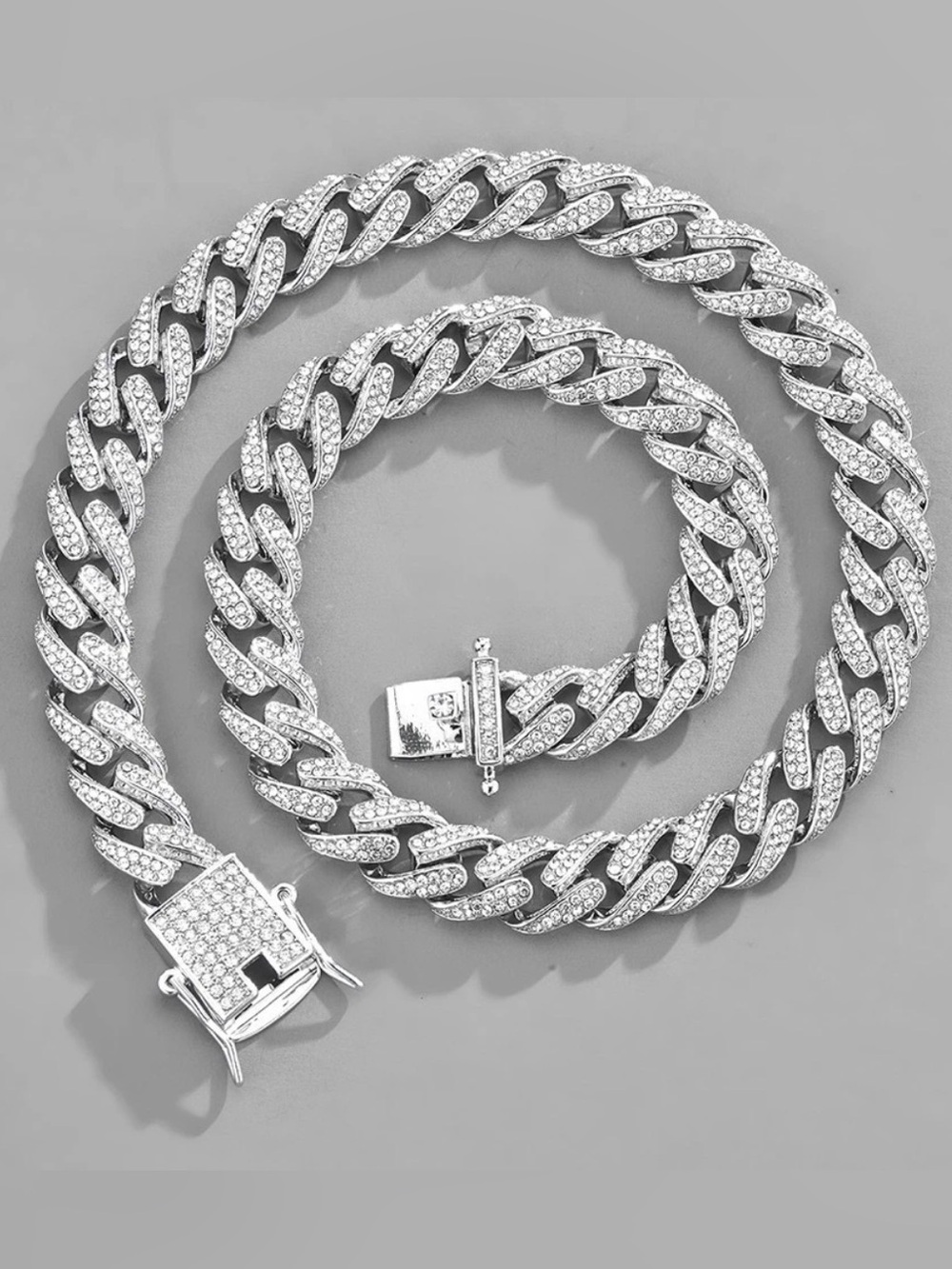 Pave Cuban Link Necklace and Bracelet Set - Silver Tone